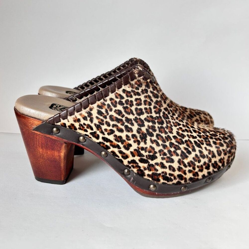 SALPY Studded Hand-Crafted Wooden Platform Leather Leopard Hair Clogs Mules